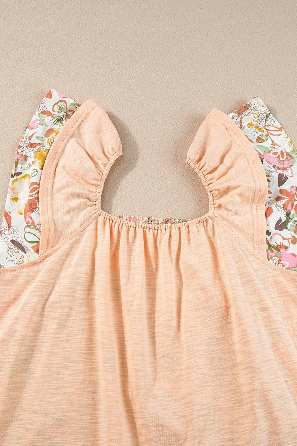 Apricot Pink Floral Print Square Neck Ruffle Sleeve Blouse - The Fair Lady Shop