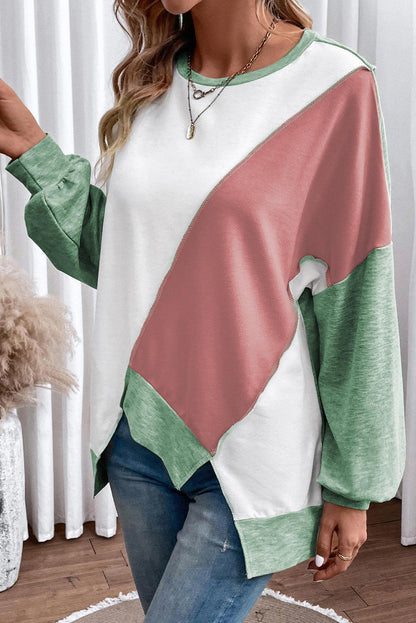 Pink Colorblock Stitching Irregular Hem Long Sleeve Top - The Fair Lady Shop