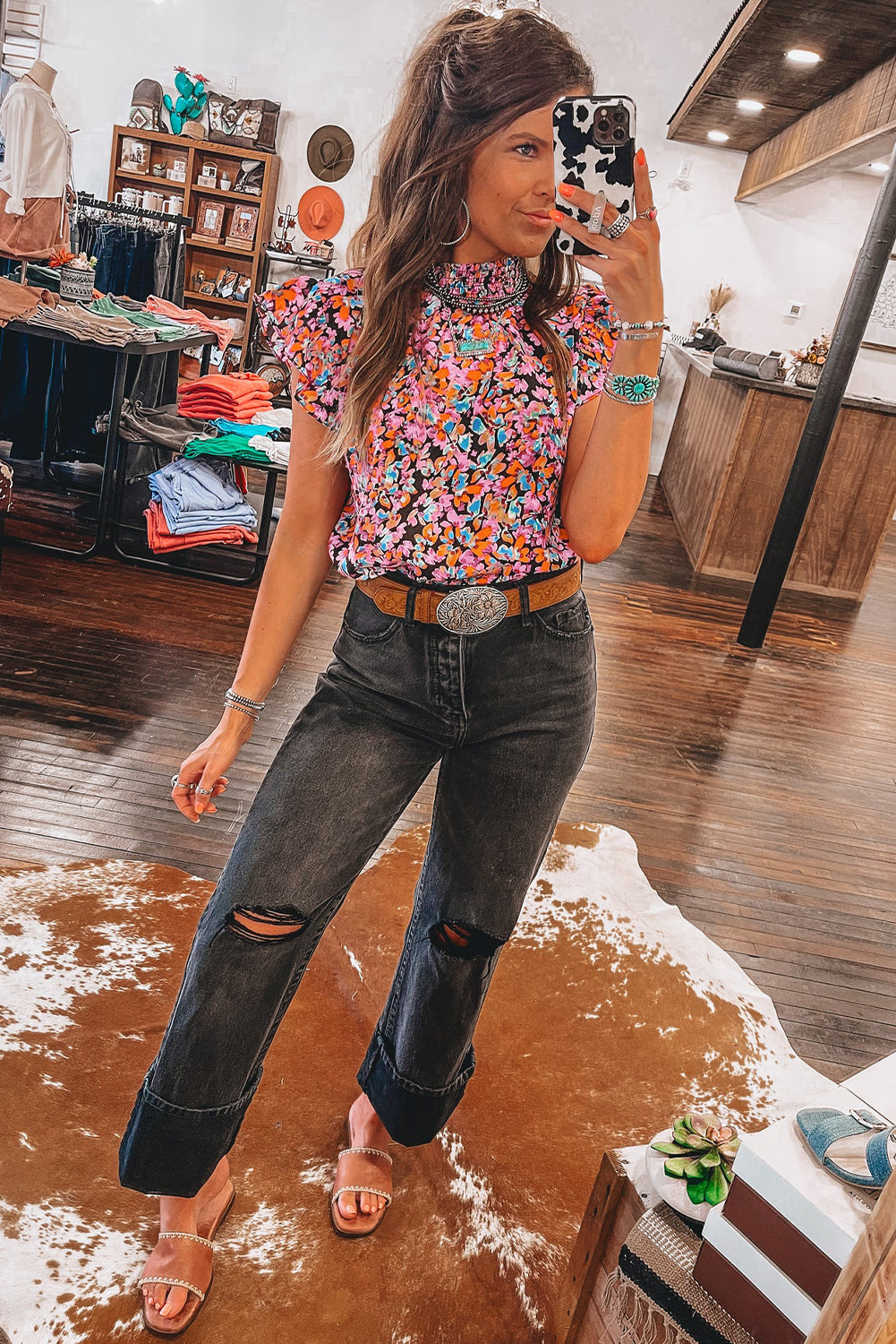 Orange Floral Print Shirred Stand Neck Flutter Shoulder Blouse - The Fair Lady Shop