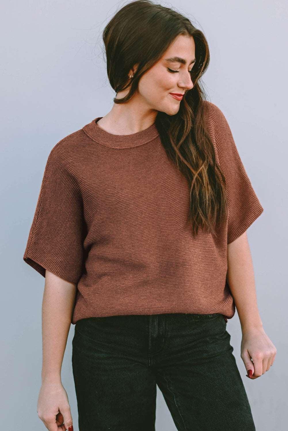 Apricot Mock Neck Short Batwing Sleeve Sweater - The Fair Lady Shop