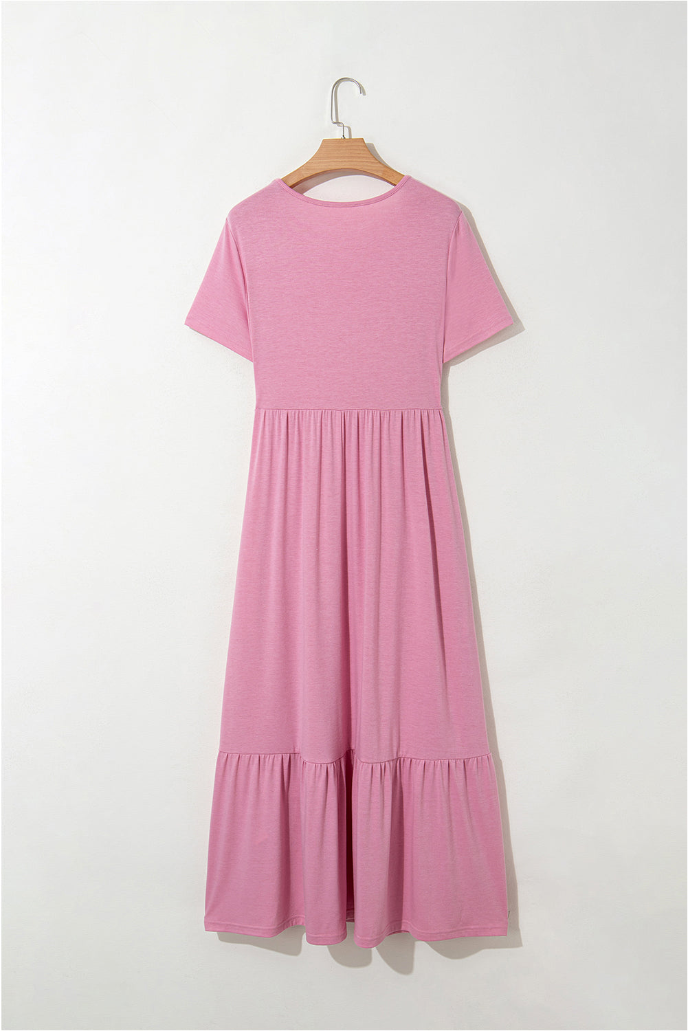 Pink Solid Color Short Sleeve High Waist Pocketed Midi Dress - The Fair Lady Shop