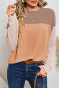 Khaki Color Block Ribbed Loose Long Sleeve Top - The Fair Lady Shop
