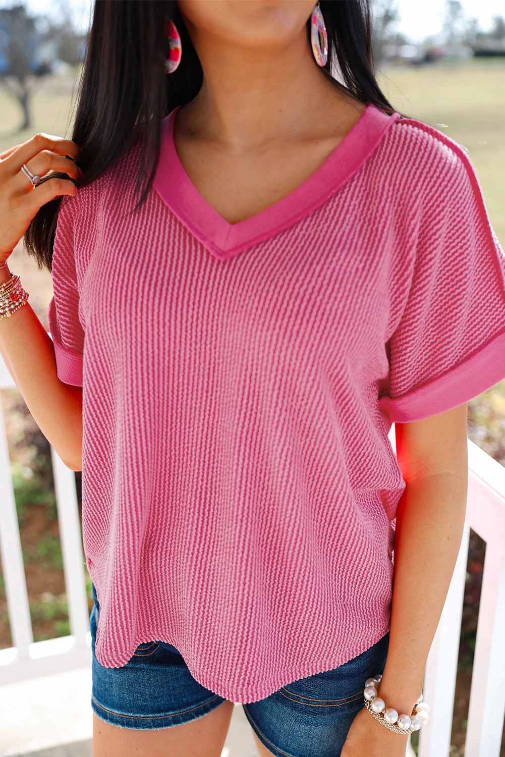 Rose Red Twisted Ribbed Knit Patchwork V Neck Casual Tee - The Fair Lady Shop