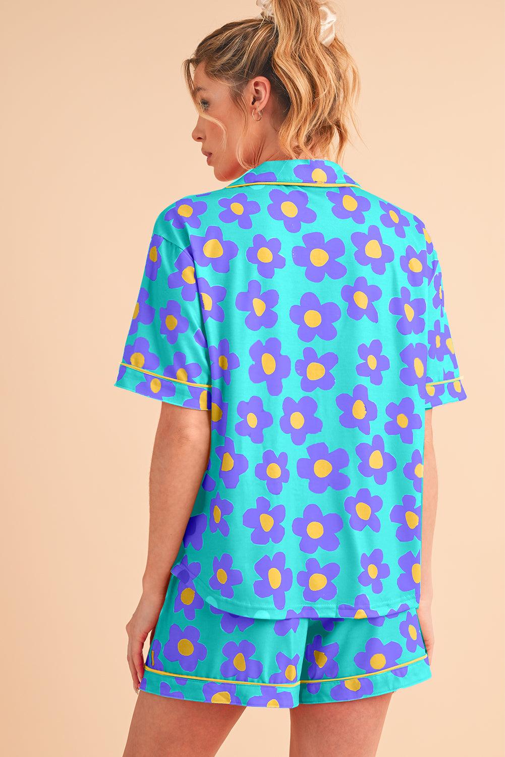 Green Flower Print Buttoned Shirt and Drawstring Waist Pajama Set - The Fair Lady Shop