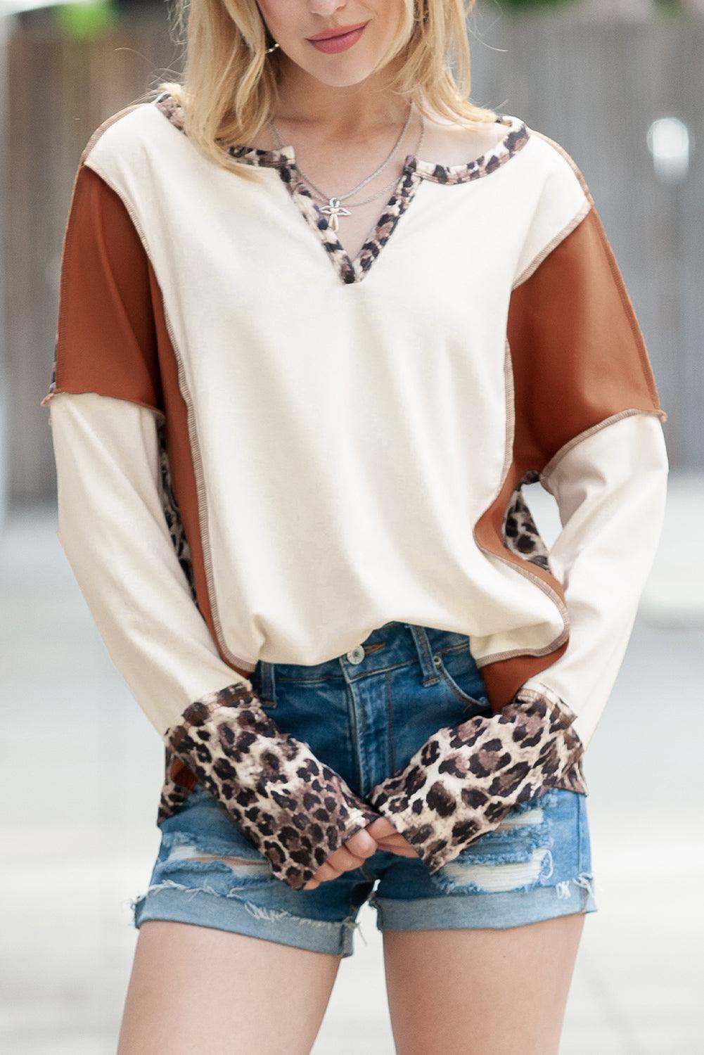 White Leopard Patchwork Notch Neck Thumbhole Long Sleeve Top - The Fair Lady Shop