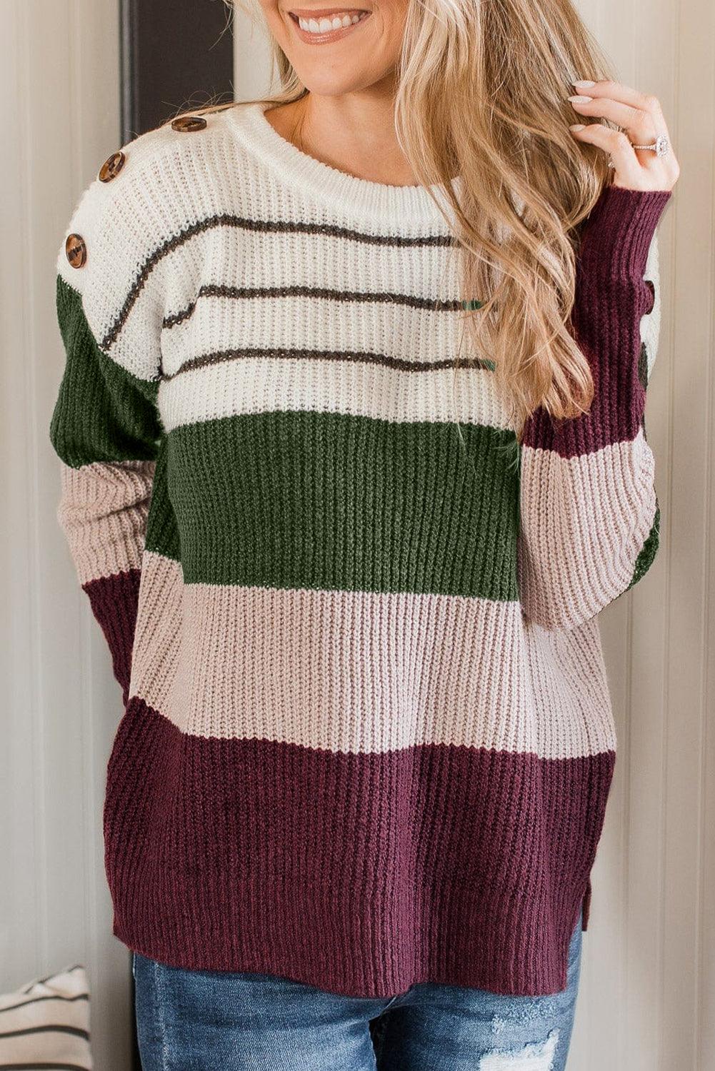 Green Color Block Striped Buttoned Shoulder Split Sweater - The Fair Lady Shop