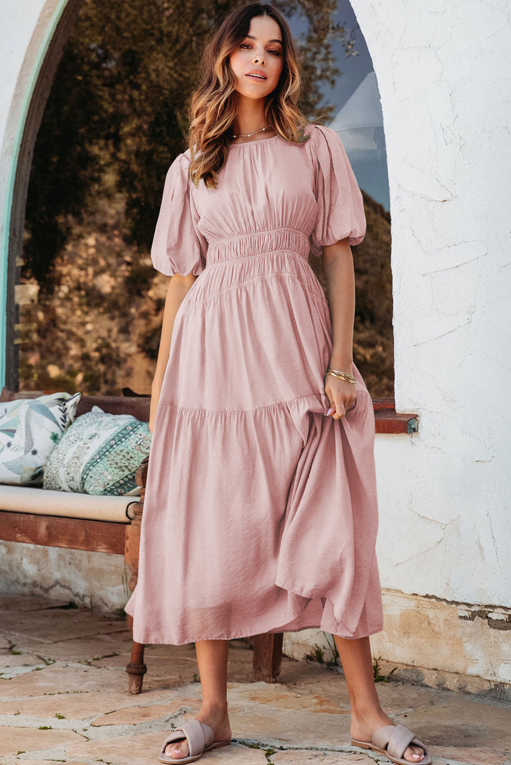 Pink Puff Sleeve High Waist Flowy Midi Dress - The Fair Lady Shop