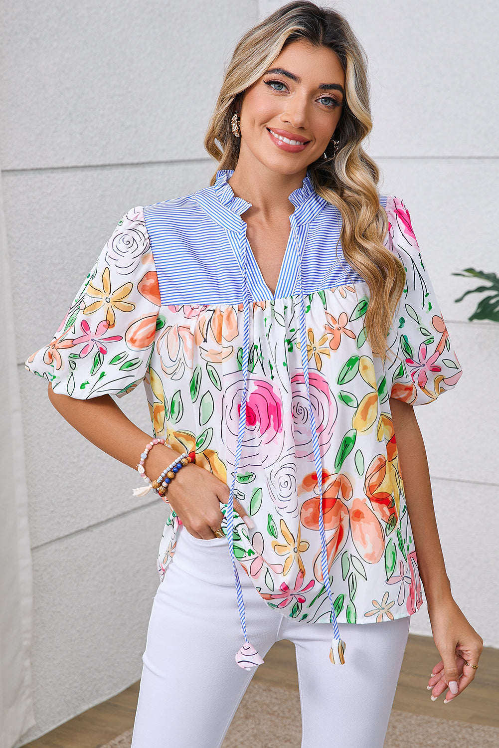 Multicolour Floral Print Striped Frill V Neck Puff Sleeve Blouse - The Fair Lady Shop