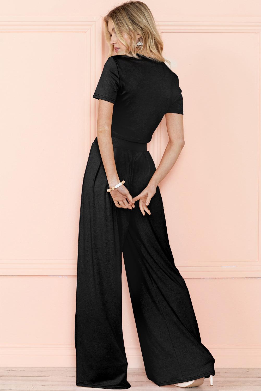 Strawberry Pink Plain Slim Fit Crop Top And Wide Leg Pants Set - The Fair Lady Shop