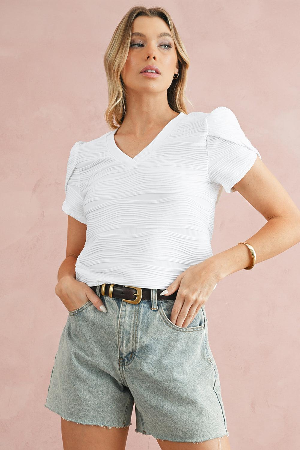 White Textured V-Neck Short Tulip Sleeve T Shirt - The Fair Lady Shop