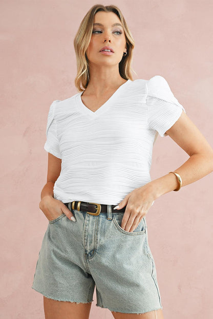 White Textured V-Neck Short Tulip Sleeve T Shirt - The Fair Lady Shop