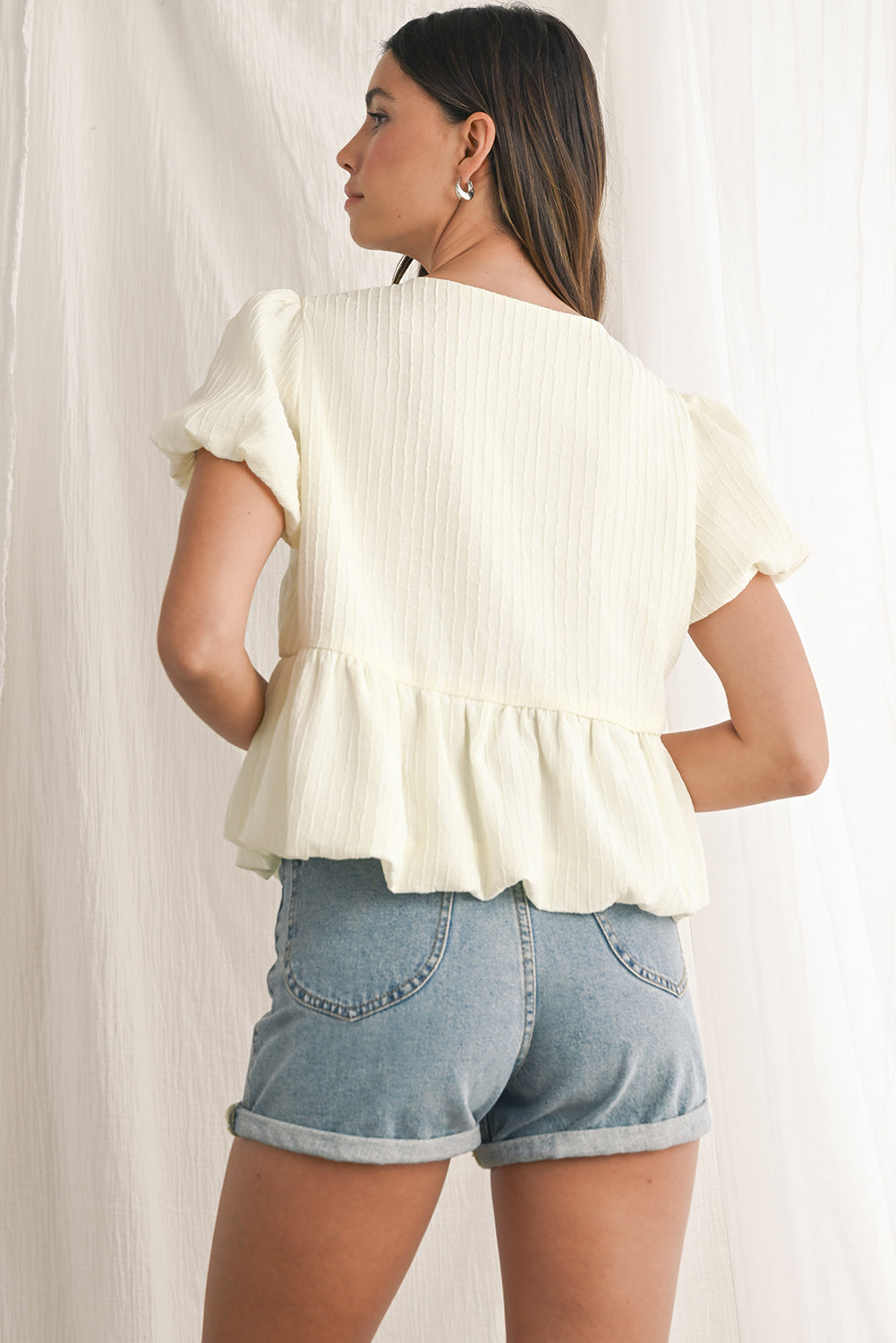 White Bow Front Babydoll Textured Blouse - The Fair Lady Shop