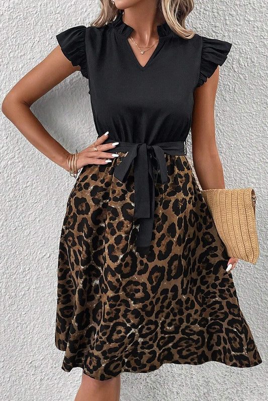 Black Leopard Print Flutter Sleeve Bow Belted Dress - The Fair Lady Shop