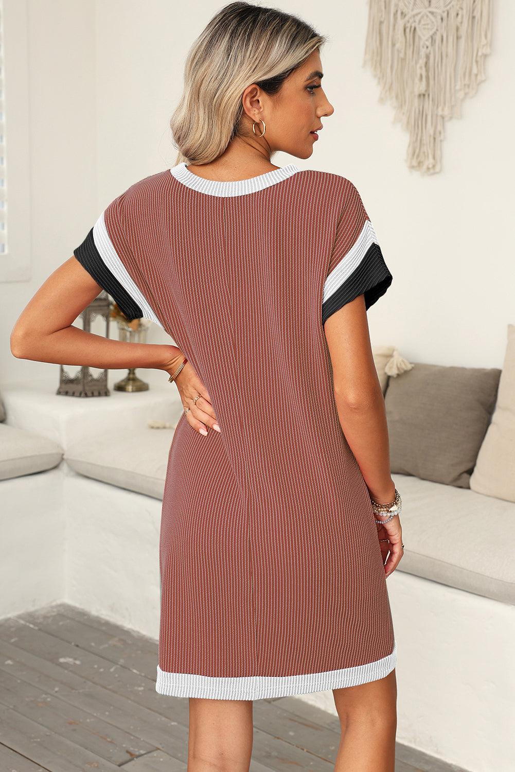 Light French Beige Rib Textured Colorblock Pocket T Shirt Dress - The Fair Lady Shop