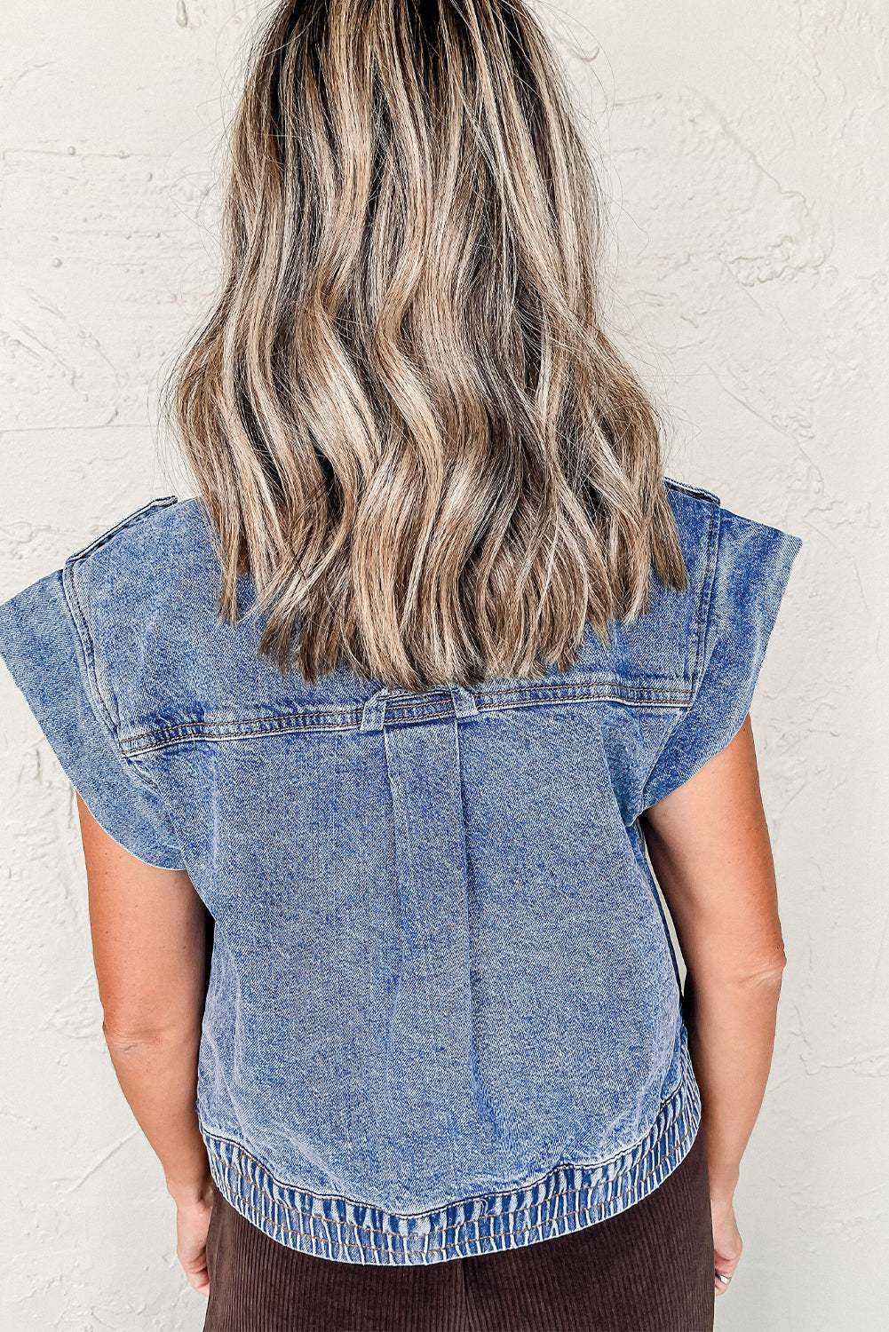 Ashleigh Blue Acid Wash Elastic Hem Button Up Denim Vest - The Fair Lady Shop