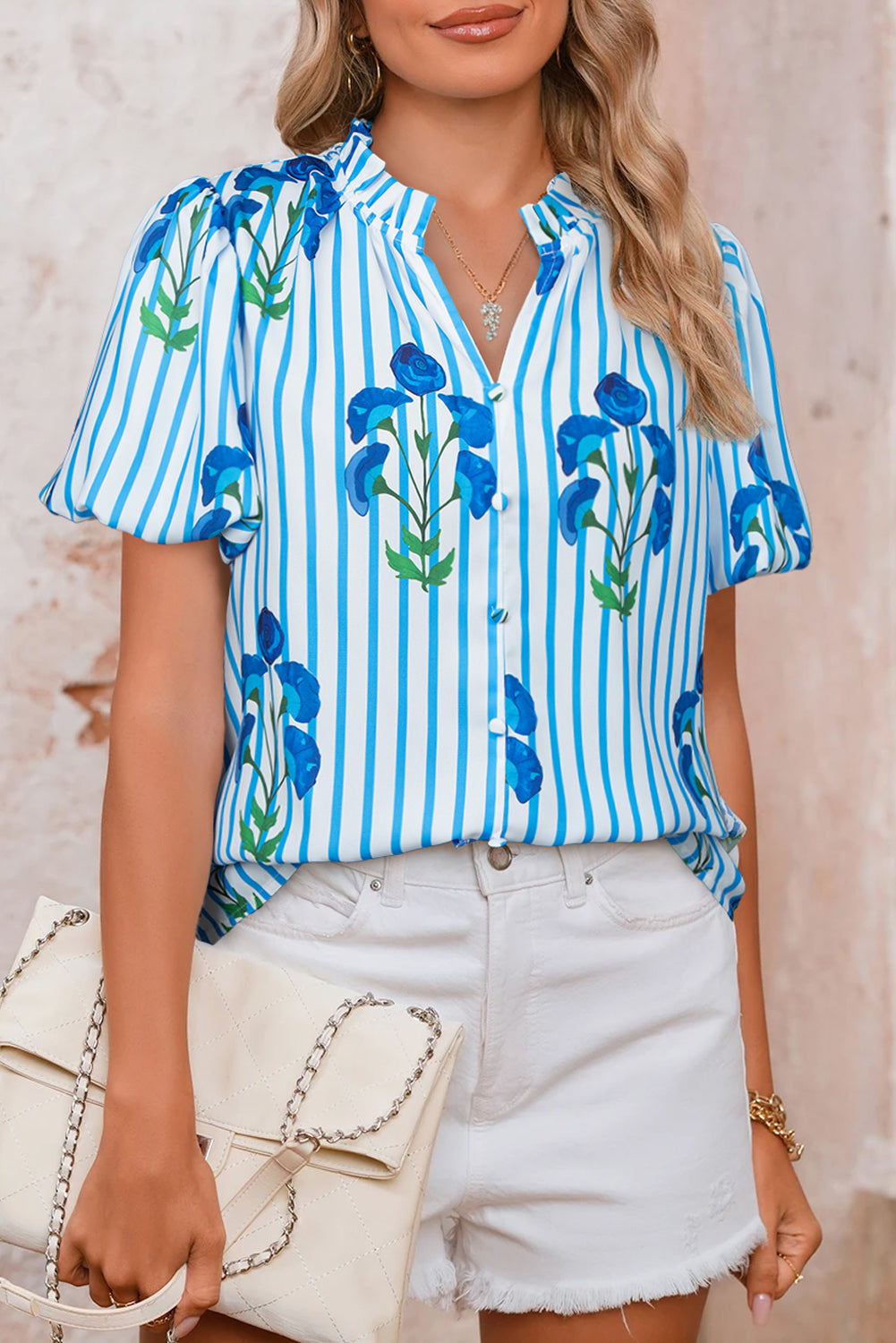 Sky Blue Stripe Boho Floral Print Frill V Neck Puff Sleeve Blouse - The Fair Lady Shop