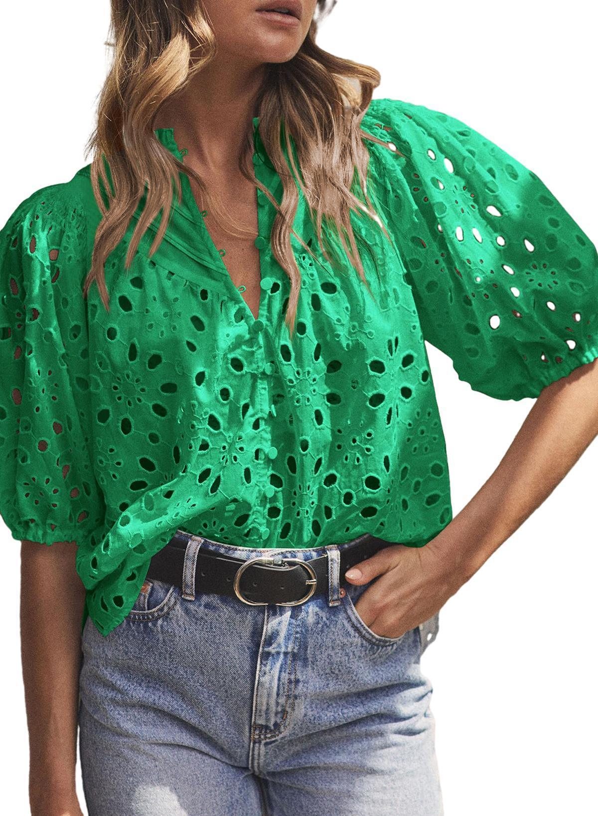 Bonbon Hollow-out Flower Embroidered Short Puff Sleeve Blouse - The Fair Lady Shop