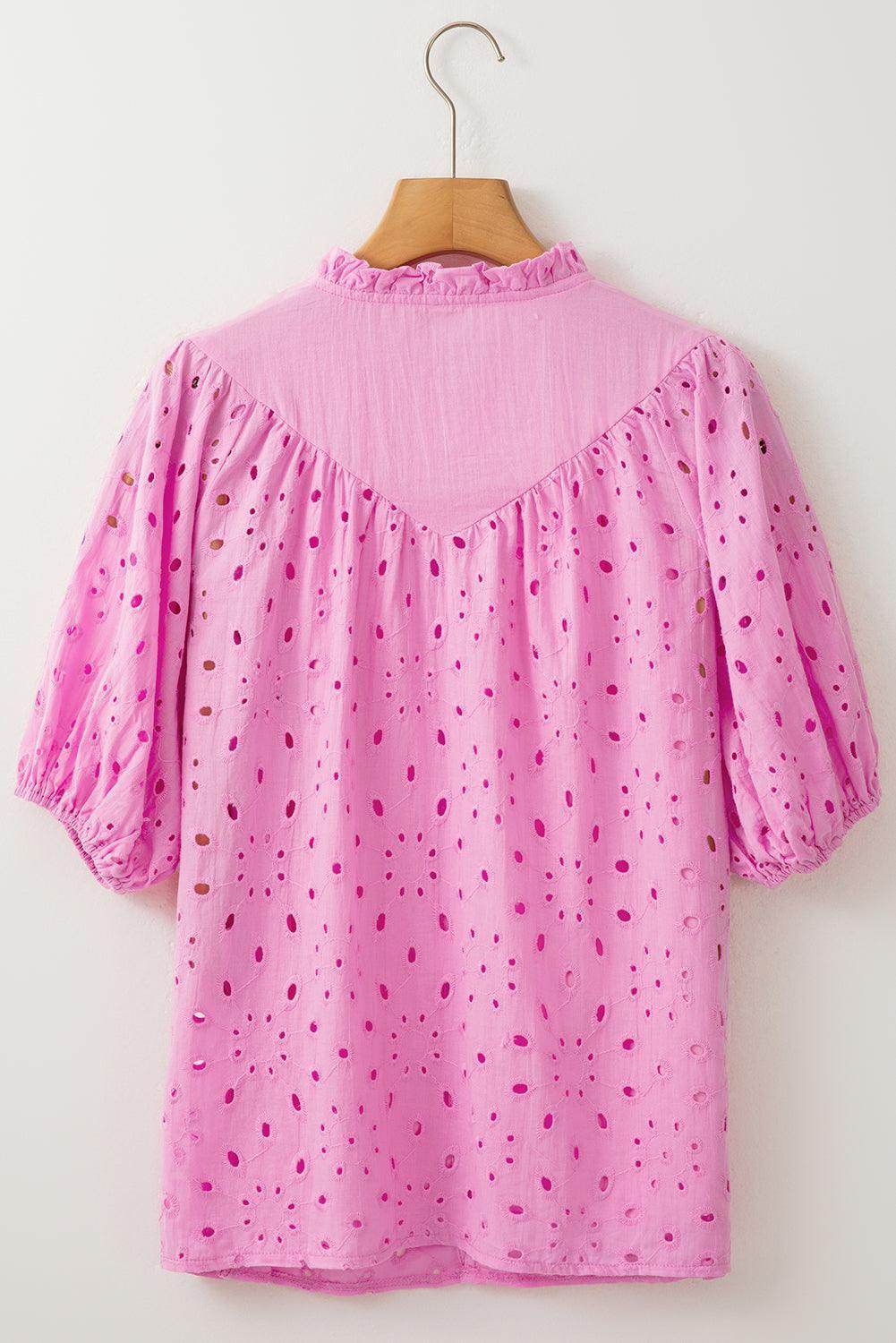 Bonbon Hollow-out Flower Embroidered Short Puff Sleeve Blouse - The Fair Lady Shop