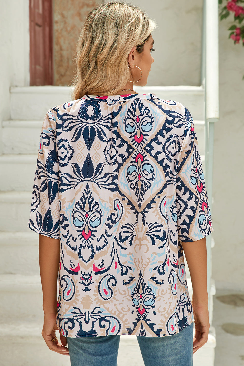 White Abstract Print V-Neck Half Tulip Sleeve Blouse - The Fair Lady Shop