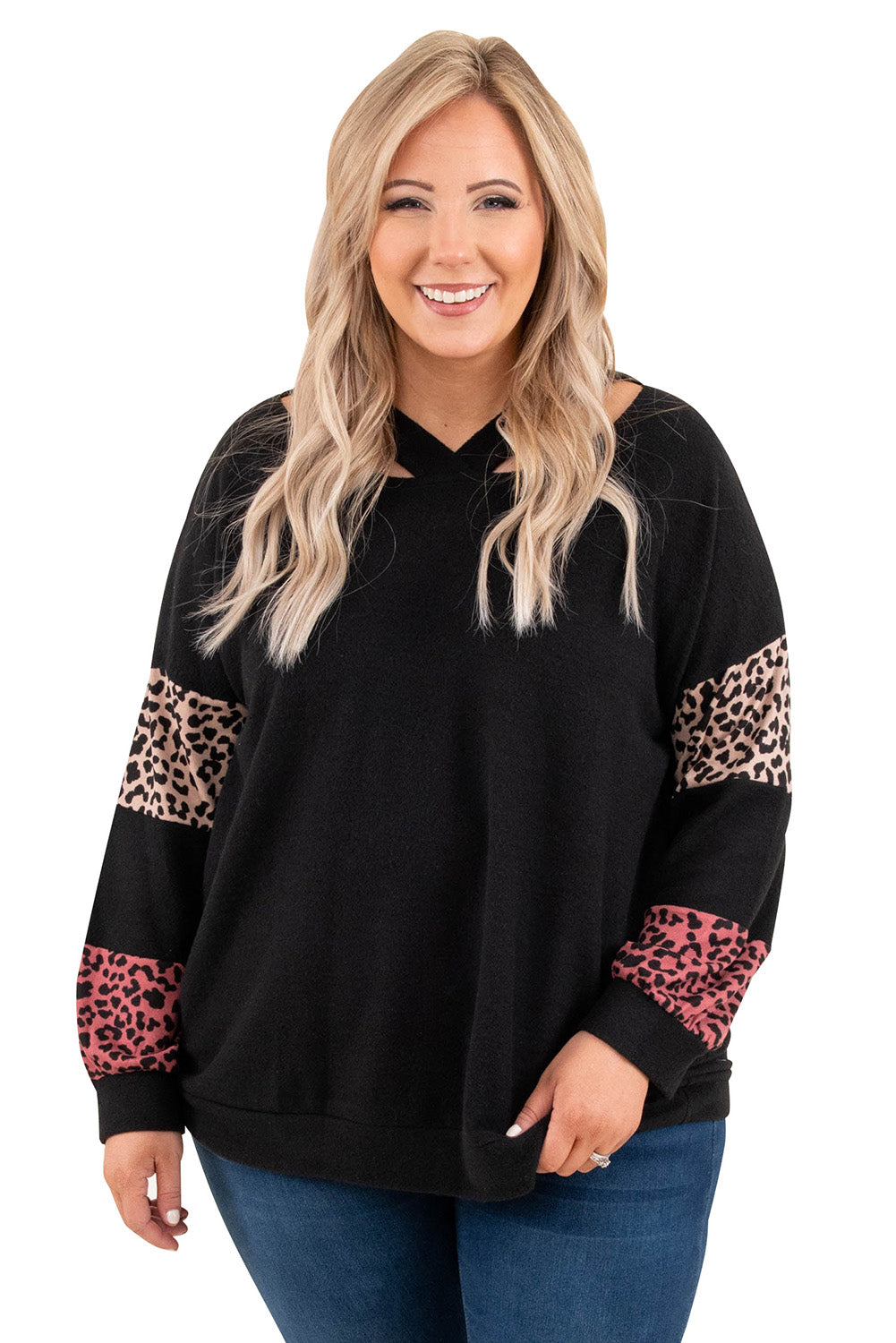 Black Plus Size Leopard Patchwork Strappy Neck Top - The Fair Lady Shop