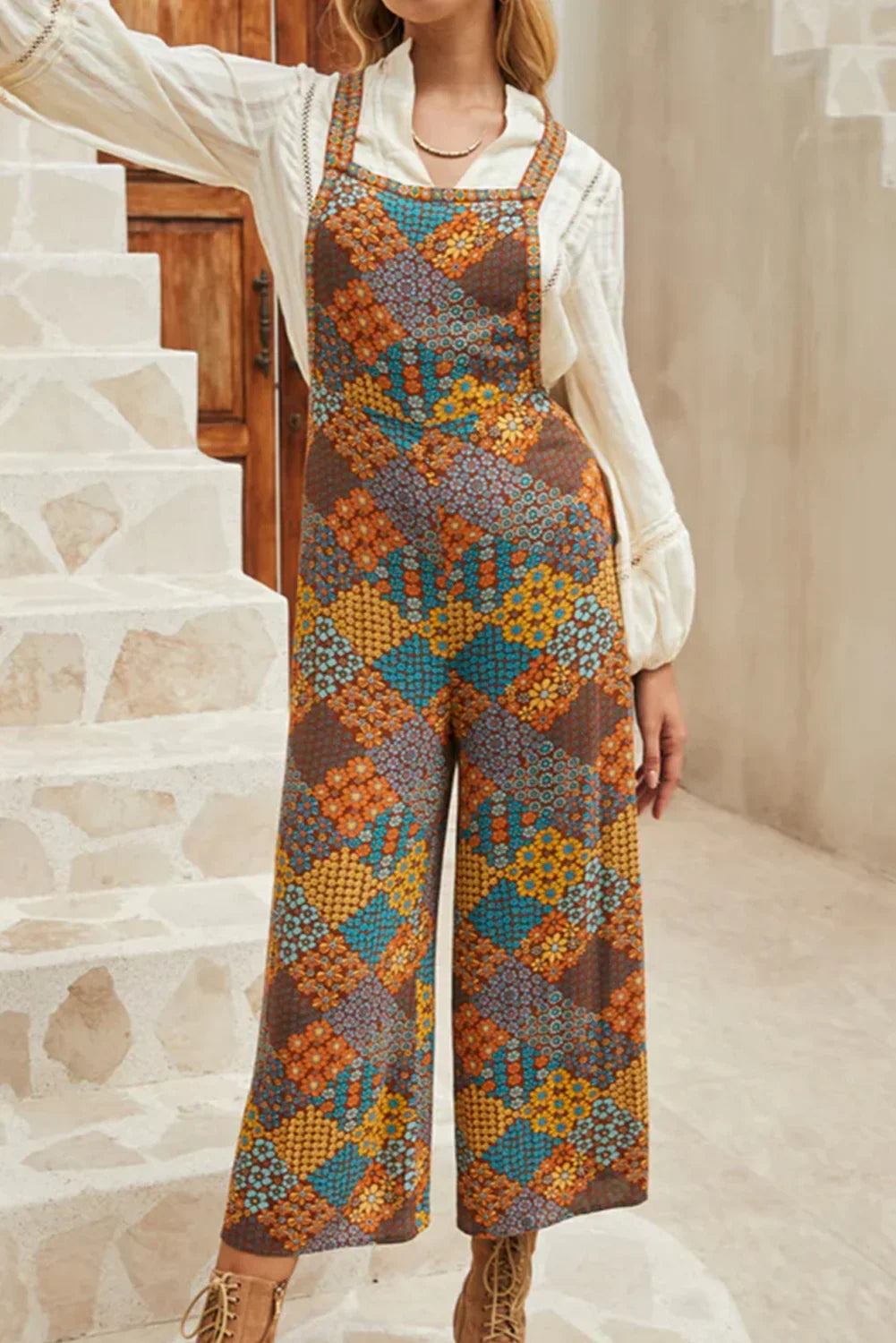 Multicolour Boho Floral Print Cropped Wide Leg Overalls - The Fair Lady Shop