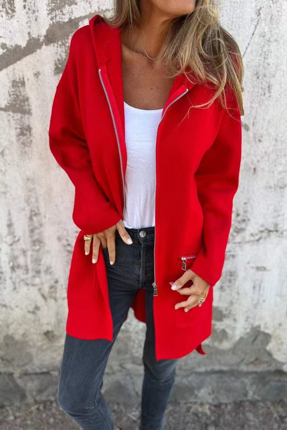 Fiery Red Solid Color Casual Zipper Hooded Jacket - The Fair Lady Shop