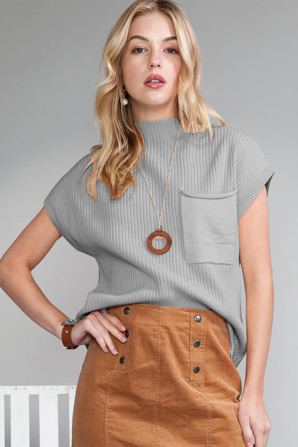 Green Patch Pocket Ribbed Knit Short Sleeve Sweater - The Fair Lady Shop