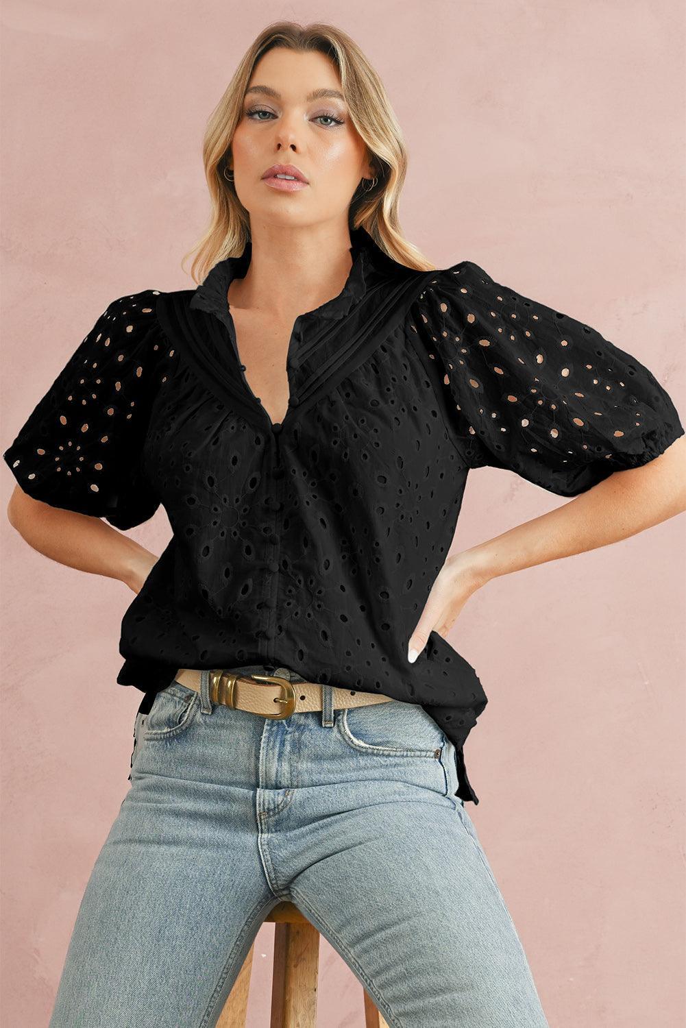 Bonbon Hollow-out Flower Embroidered Short Puff Sleeve Blouse - The Fair Lady Shop