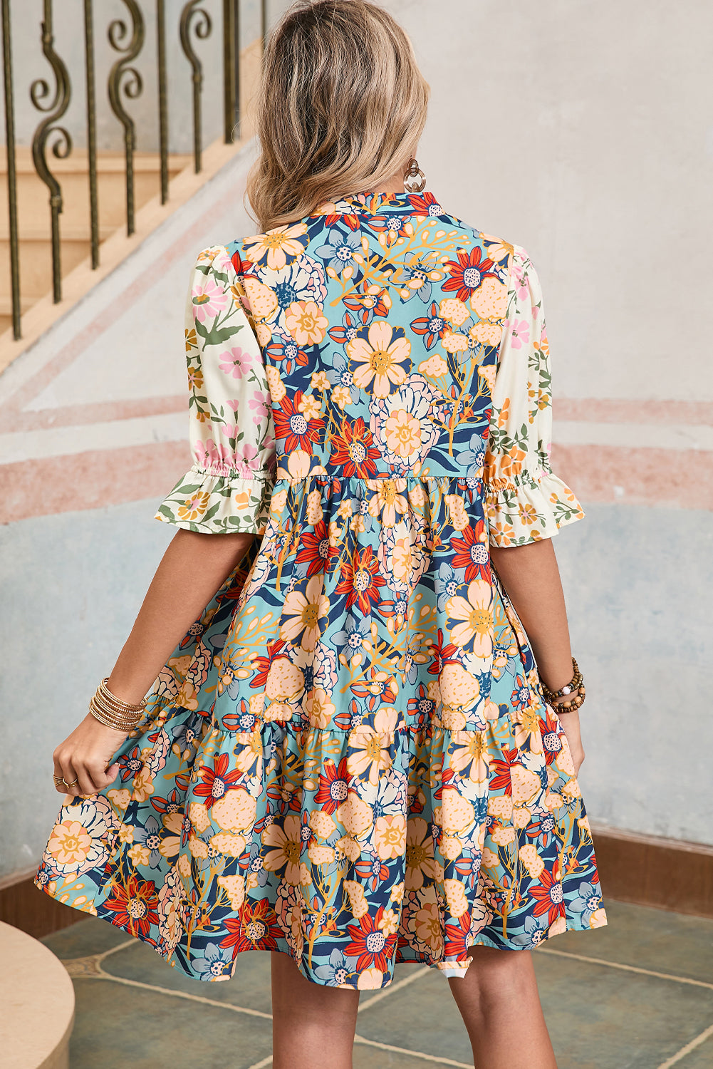 Multicolor Allover Floral Print V Neck Tiered Mini Dress - The Fair Lady Shop