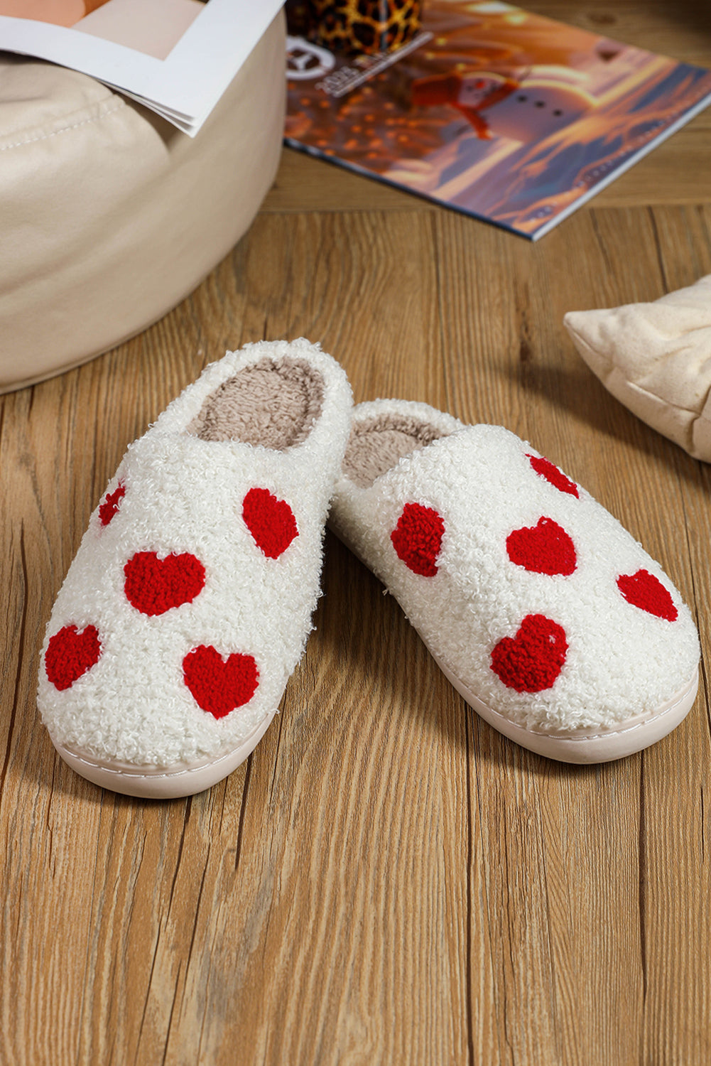 White Valentines Day Hearts Print Plush Slippers - The Fair Lady Shop