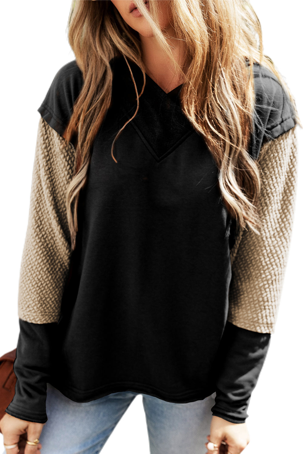 Black Textured Splicing Sleeve Raw Hem Hoodie - The Fair Lady Shop