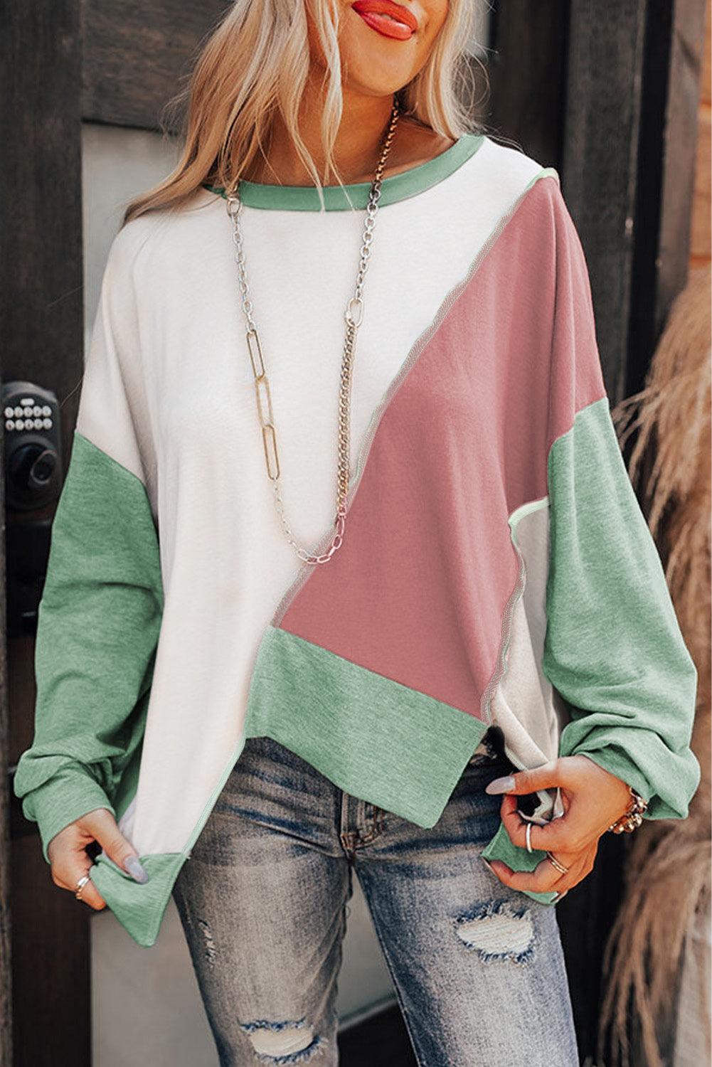 Pink Colorblock Stitching Irregular Hem Long Sleeve Top - The Fair Lady Shop