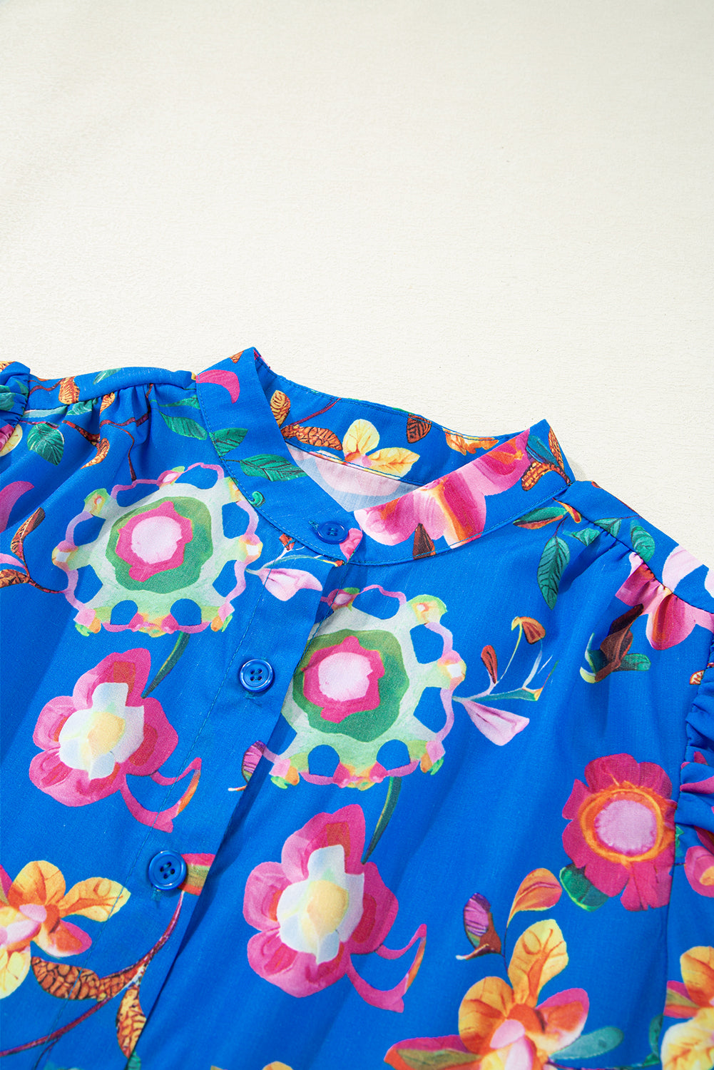 Blue Puff Sleeve Button Up Boho Floral Shirt - The Fair Lady Shop