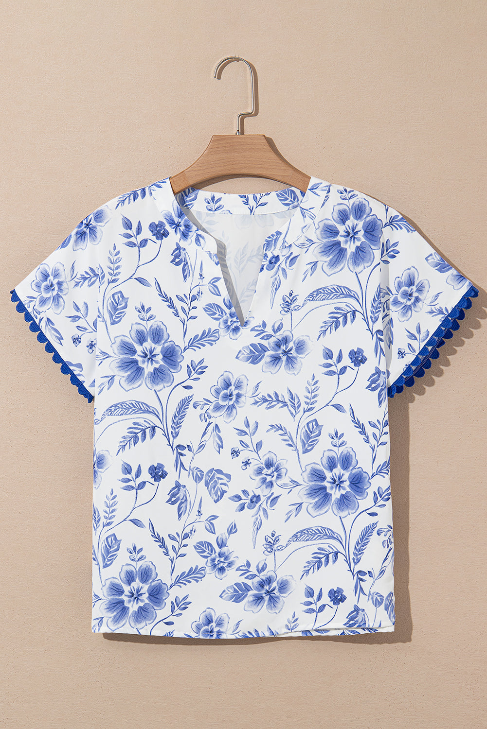 Blue Floral V-Neck Short Sleeve Blouse - The Fair Lady Shop
