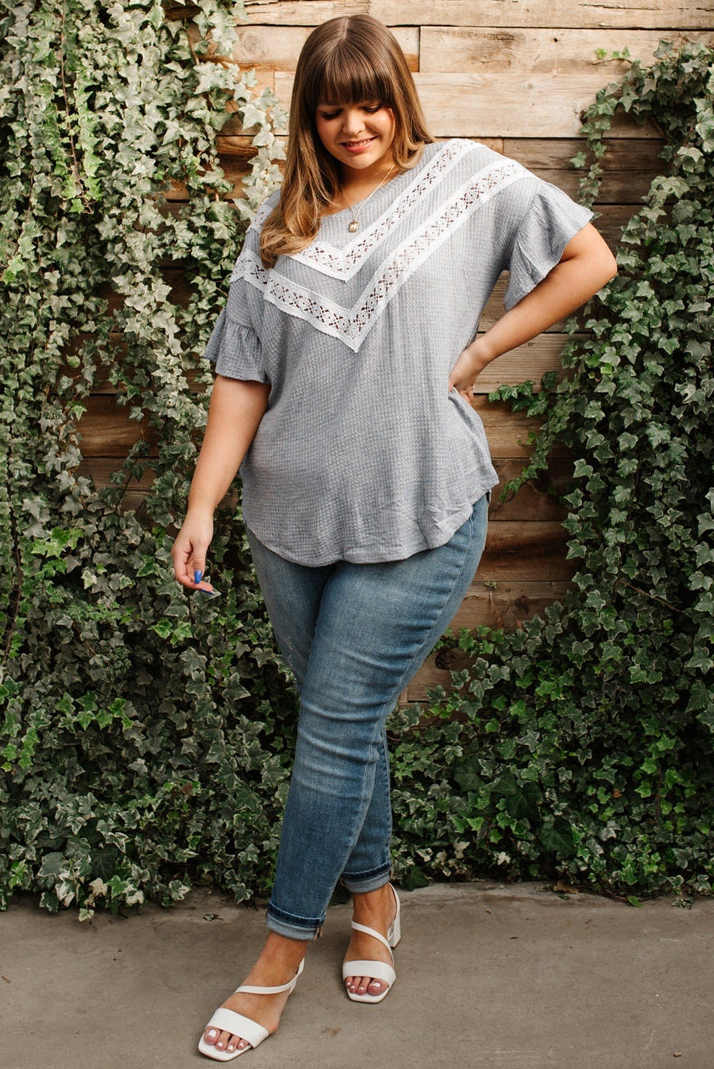 Light Grey Lace Patchwork Ruffle Sleeve Waffle Plus Size Top - The Fair Lady Shop