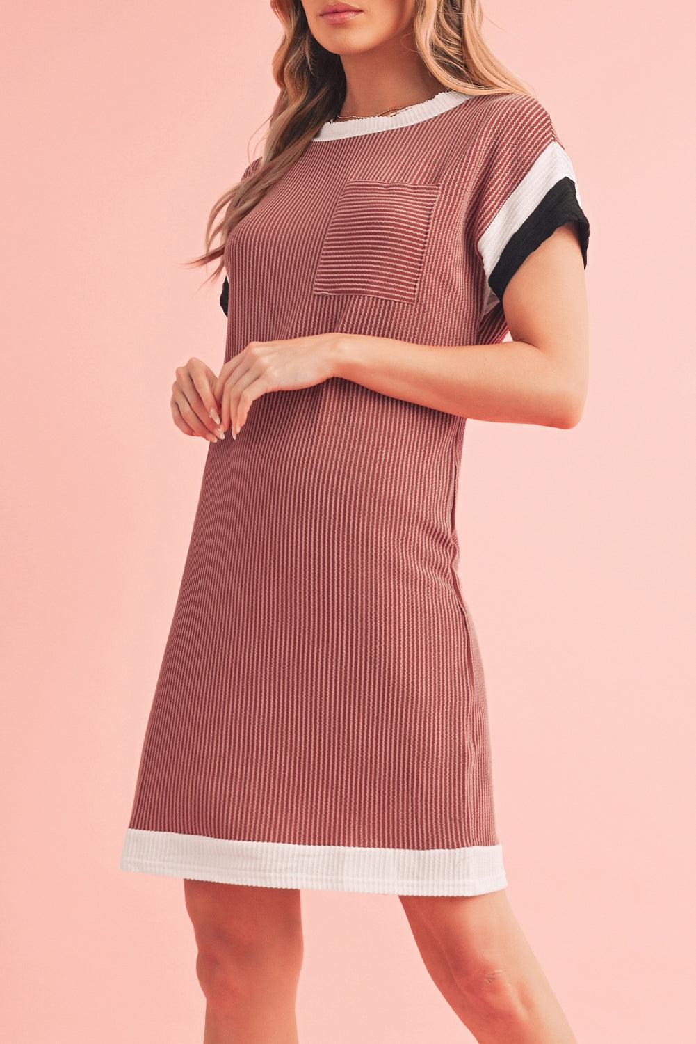 Light French Beige Rib Textured Colorblock Pocket T Shirt Dress - The Fair Lady Shop