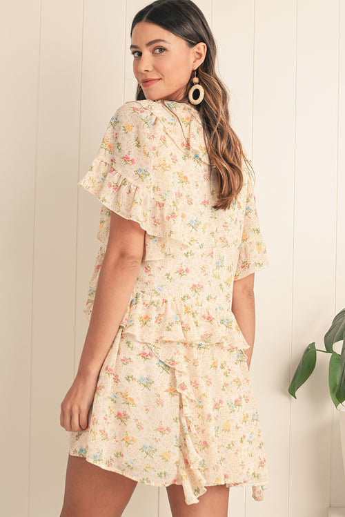 Apricot Boho V Neck Floral Tassel Tie Ruffle Mini Dress - The Fair Lady Shop