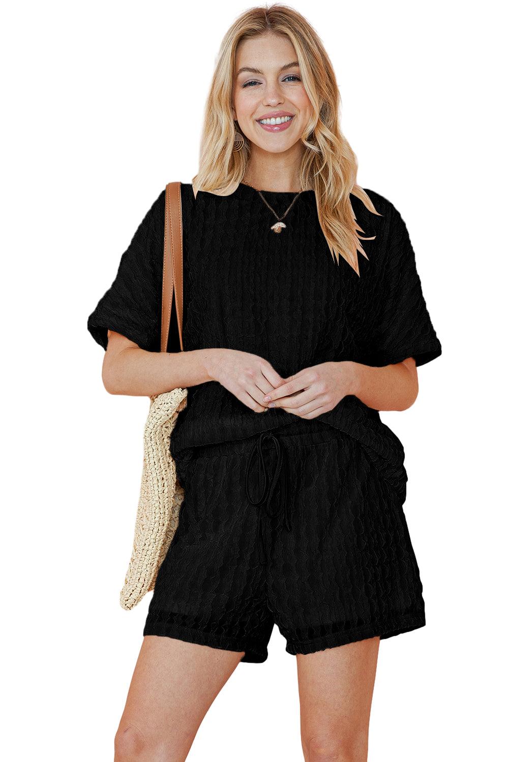Beige Frill Textured Tee and Drawstring Shorts Set - The Fair Lady Shop