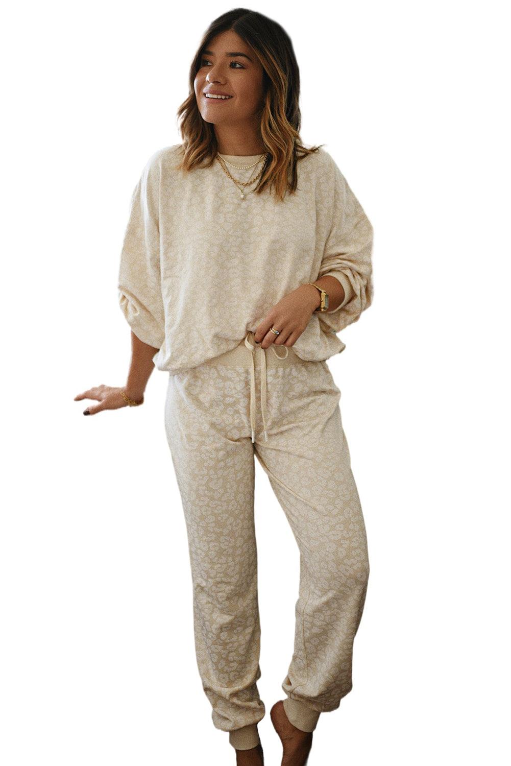 White Cheetah Print Loose Fit Cozy 2 Piece Loungewear Set - The Fair Lady Shop