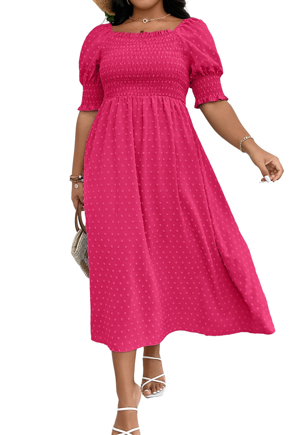 Sachet Pink Swiss Dot Smocked Frill Square Neck Plus Size Dress - The Fair Lady Shop