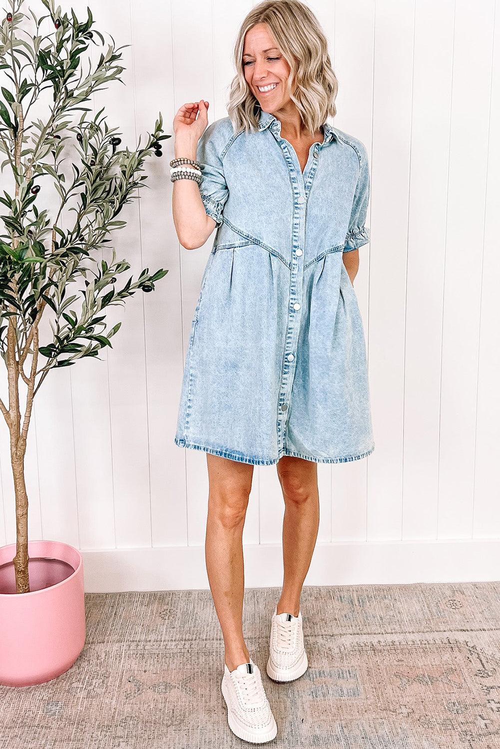 Blue Mineral Washed Ruffled Short Sleeve Pocketed Denim Dress - The Fair Lady Shop