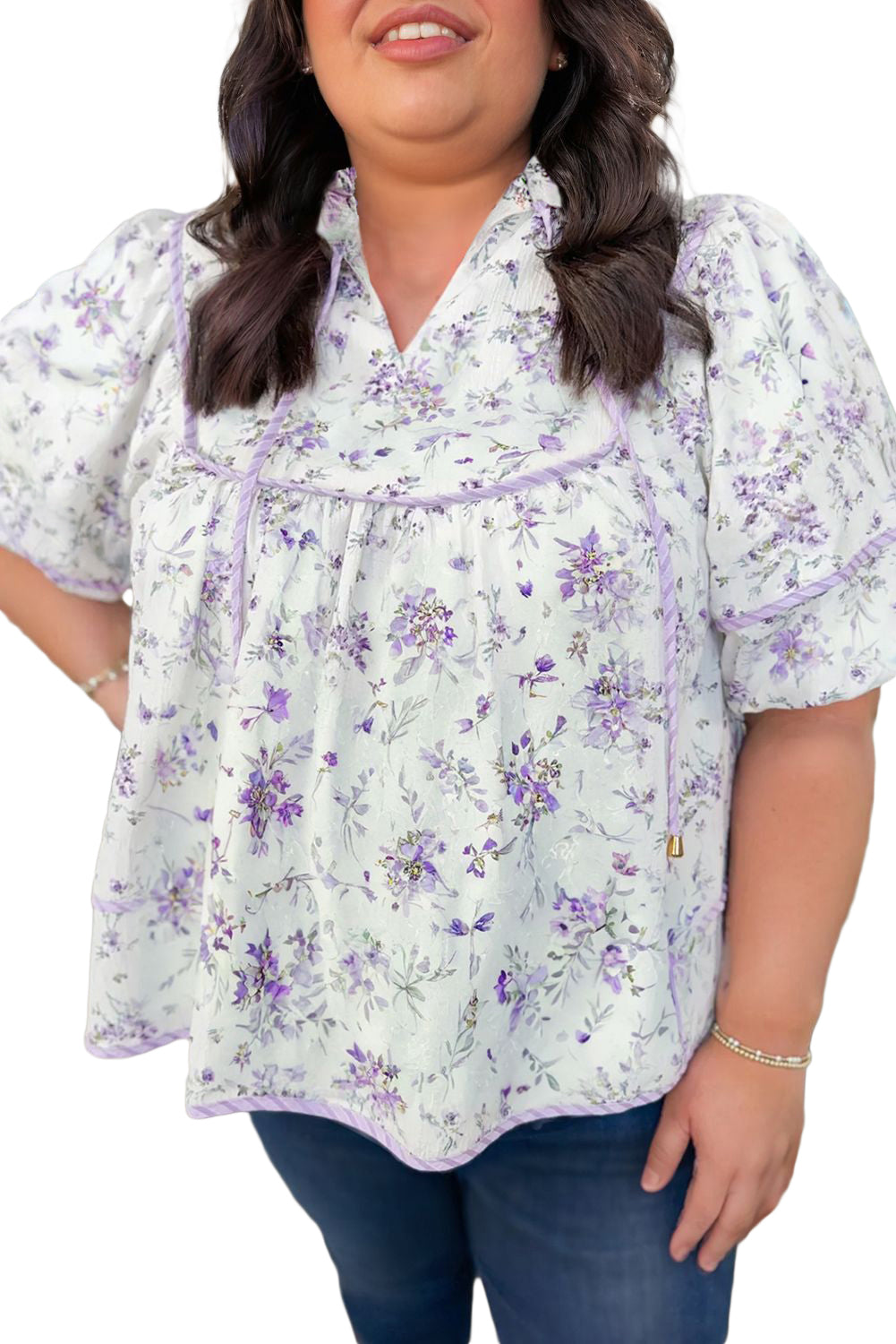 Purple Floral Print Split Neck Plus Size Top - The Fair Lady Shop