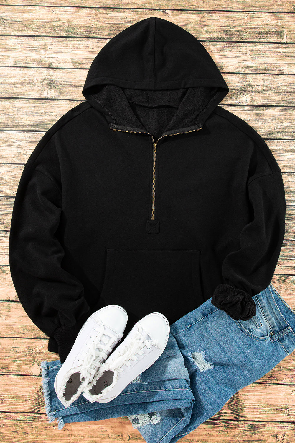 Black Half Zipper Kangaroo Pocket Drop Shoulder Hoodie