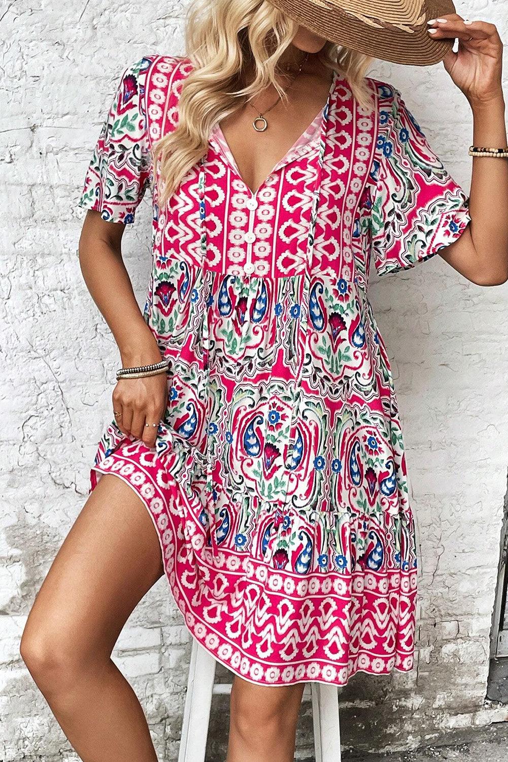Orange Bohemian Tie Neck Flounce Sleeve Ruffle Hem Mini Dress - The Fair Lady Shop