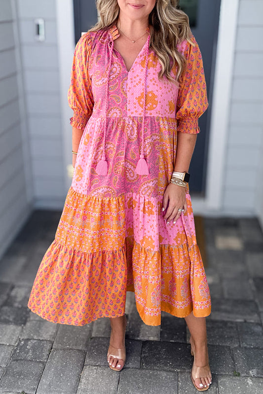 Pink Boho Paisley Floral Patchwork Tassel Tie Plus Size Midi Dress - The Fair Lady Shop