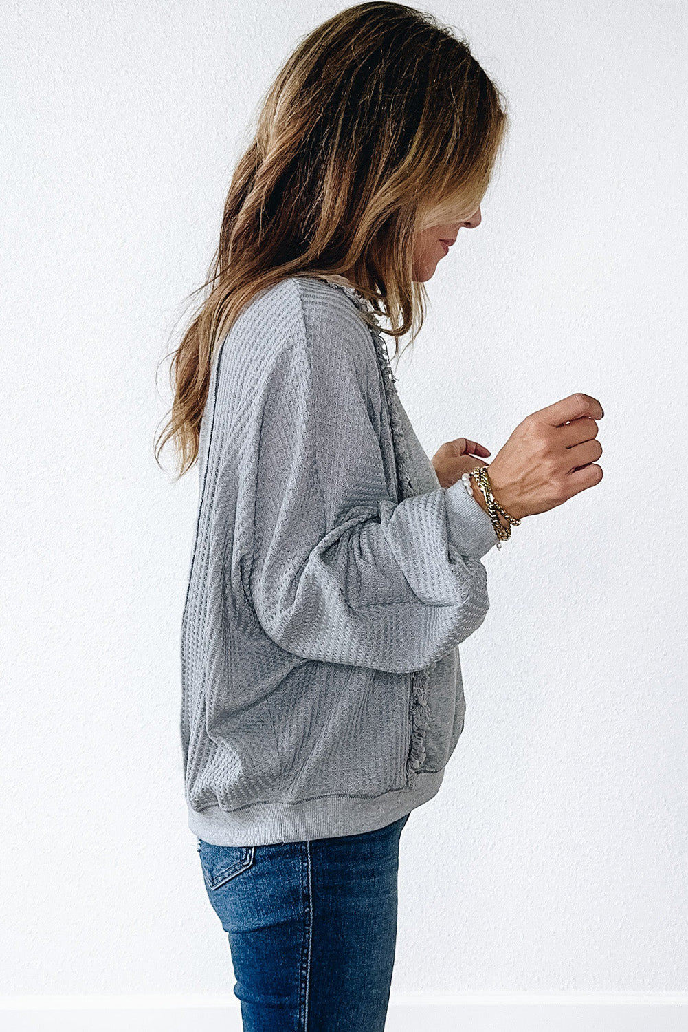 Light Grey Waffle Patchwork Long Sleeve Pullover Top - The Fair Lady Shop