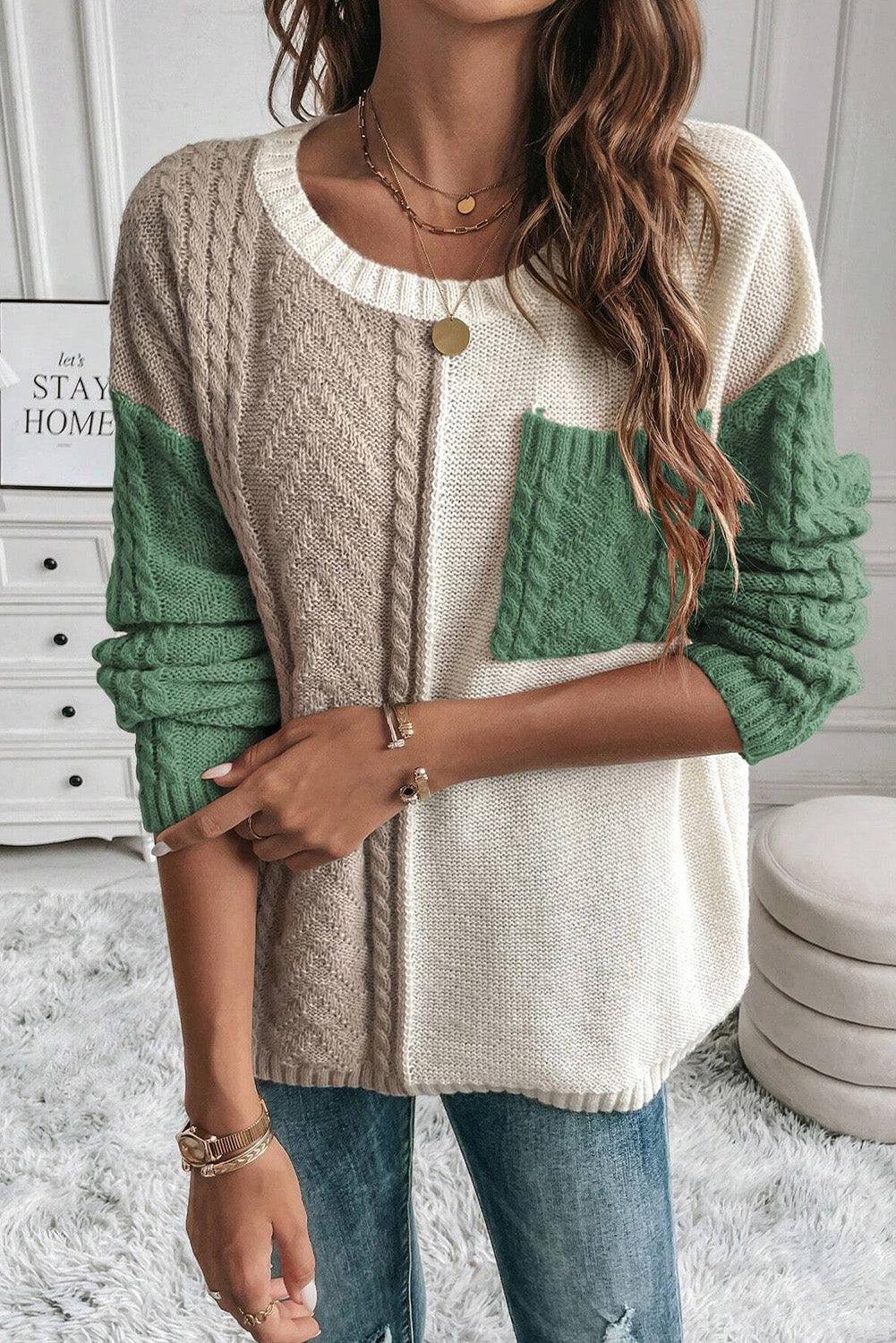 Rose Tan Colorblock Pocket Drop Shoulder Sweater - The Fair Lady Shop