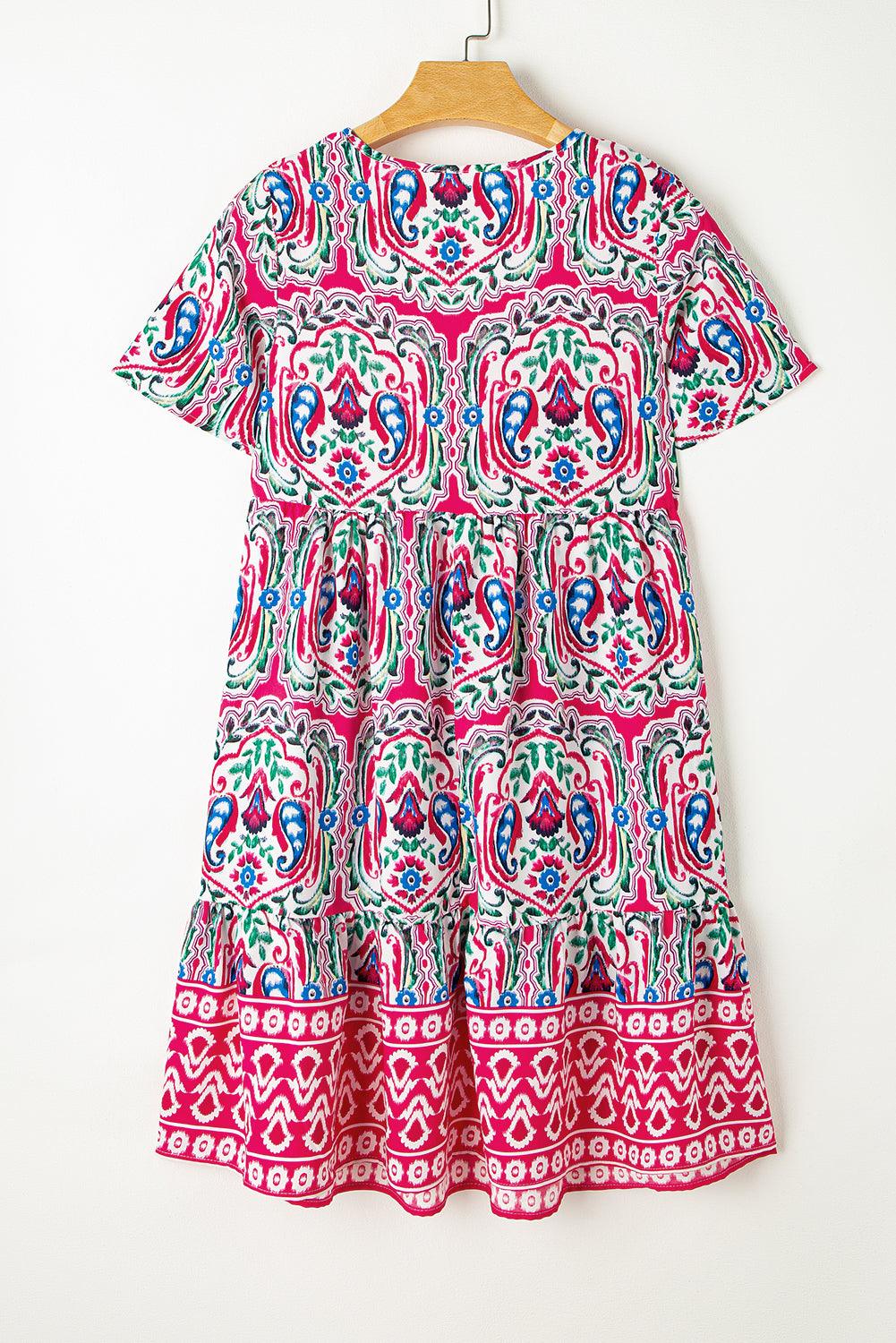 Orange Bohemian Tie Neck Flounce Sleeve Ruffle Hem Mini Dress - The Fair Lady Shop