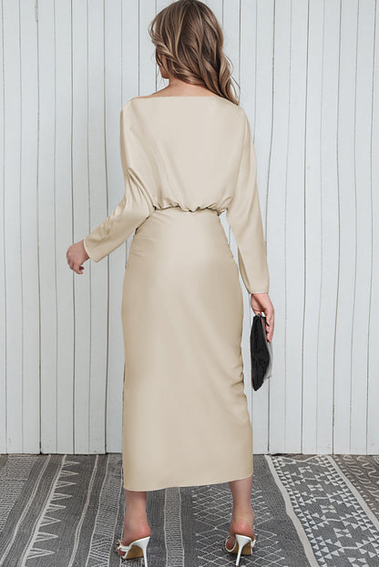 Apricot Satin Elegant Wrap Tie Side Boat Neck Long Sleeve Dress - The Fair Lady Shop