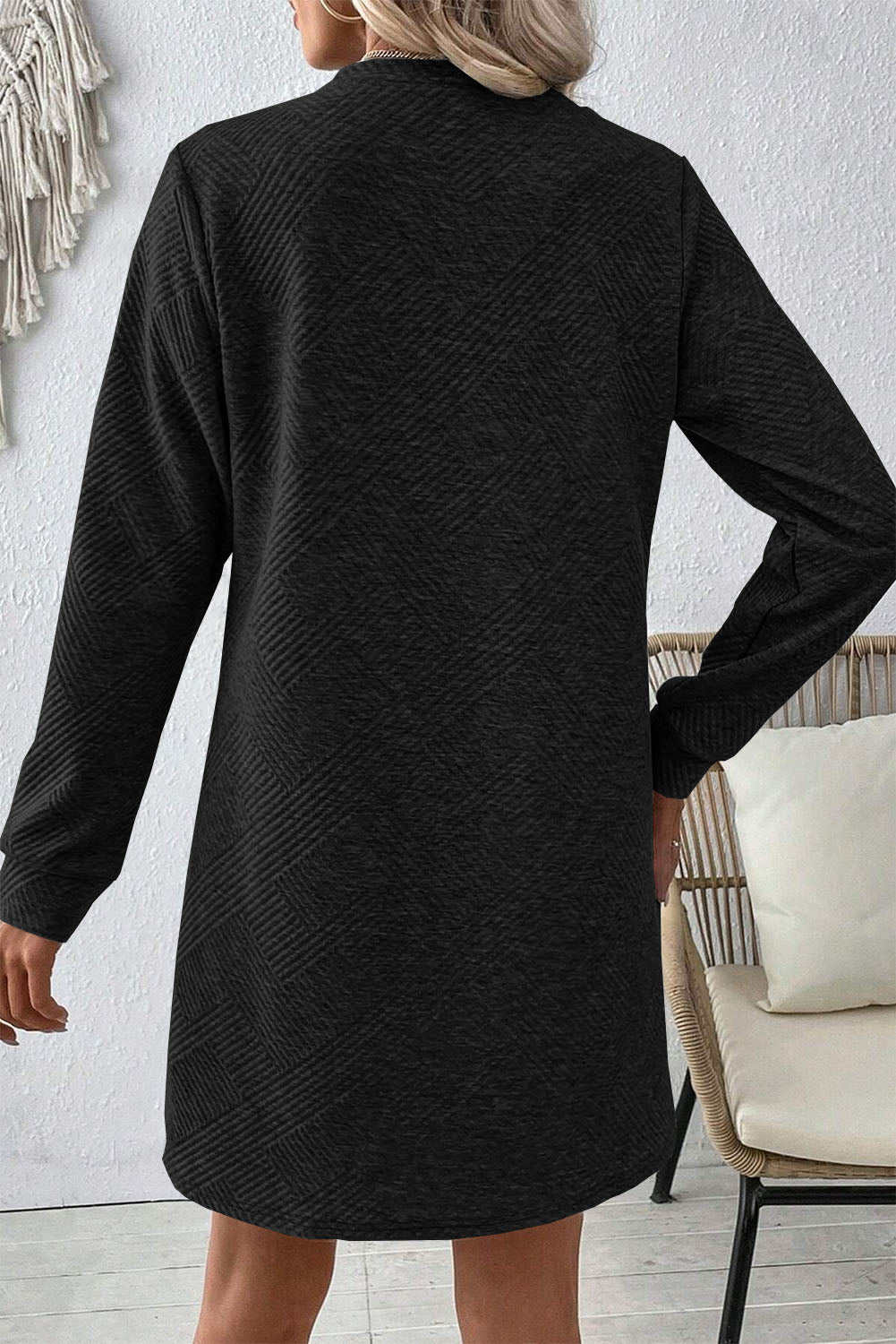 Apricot Plain Textured Long Sleeve Shift Short Dress - The Fair Lady Shop